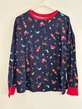 Bundle: Two matching Navy Holiday Print Long-Sleeve with Red Trim PJ Sets